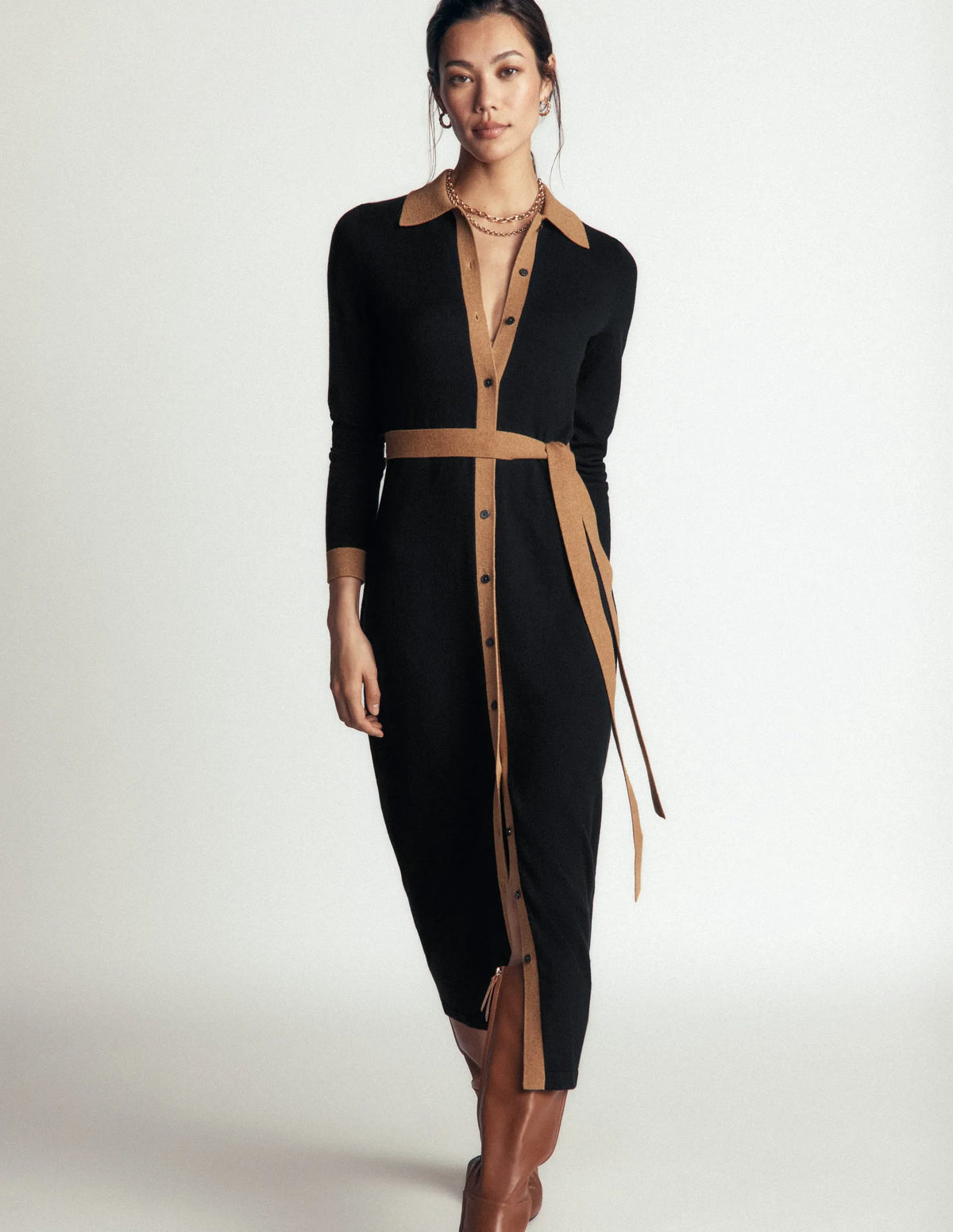Jessica Knitted Shirt Dress-Black and Fall leaf