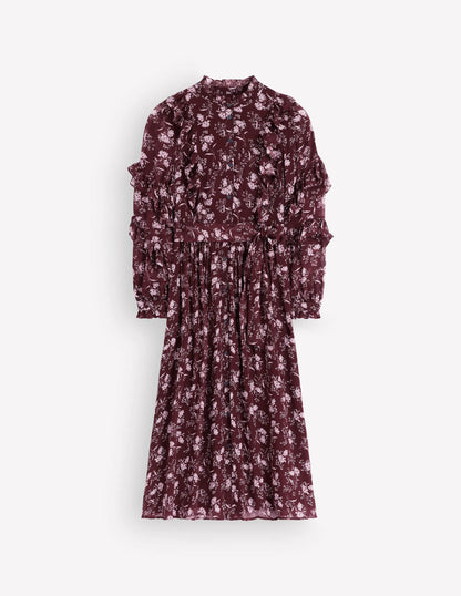 Ruffle Tie Neck Dress-Brown, Enchanted Sprigs