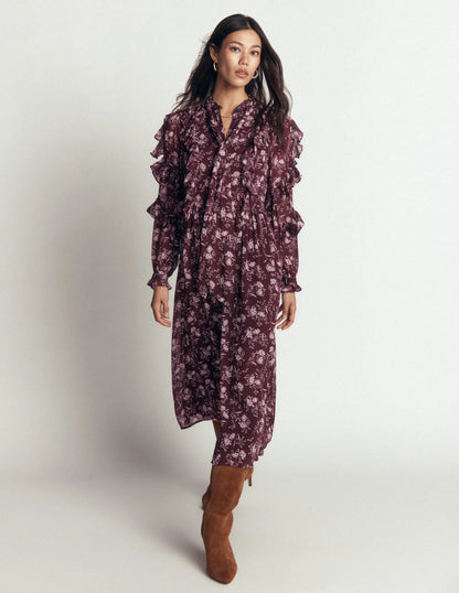 Ruffle Tie Neck Dress-Brown, Enchanted Sprigs