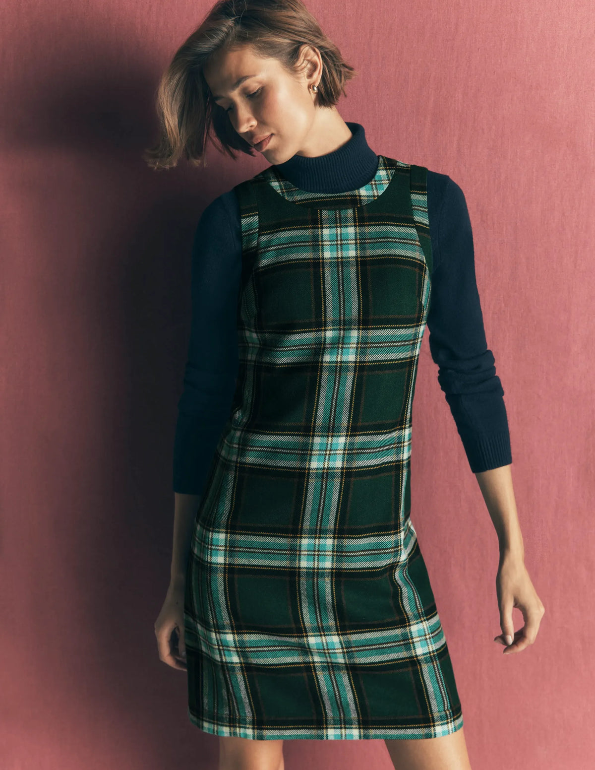 Lou Wool Check Shift Dress-Green, Navy and Teal Check