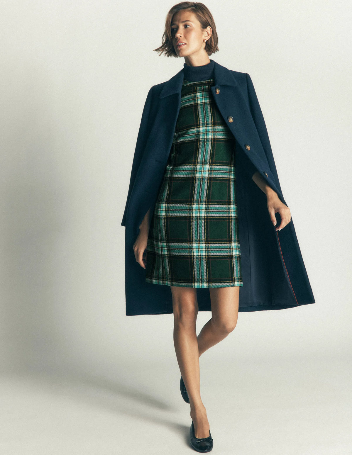 Lou Wool Check Shift Dress-Green, Navy and Teal Check