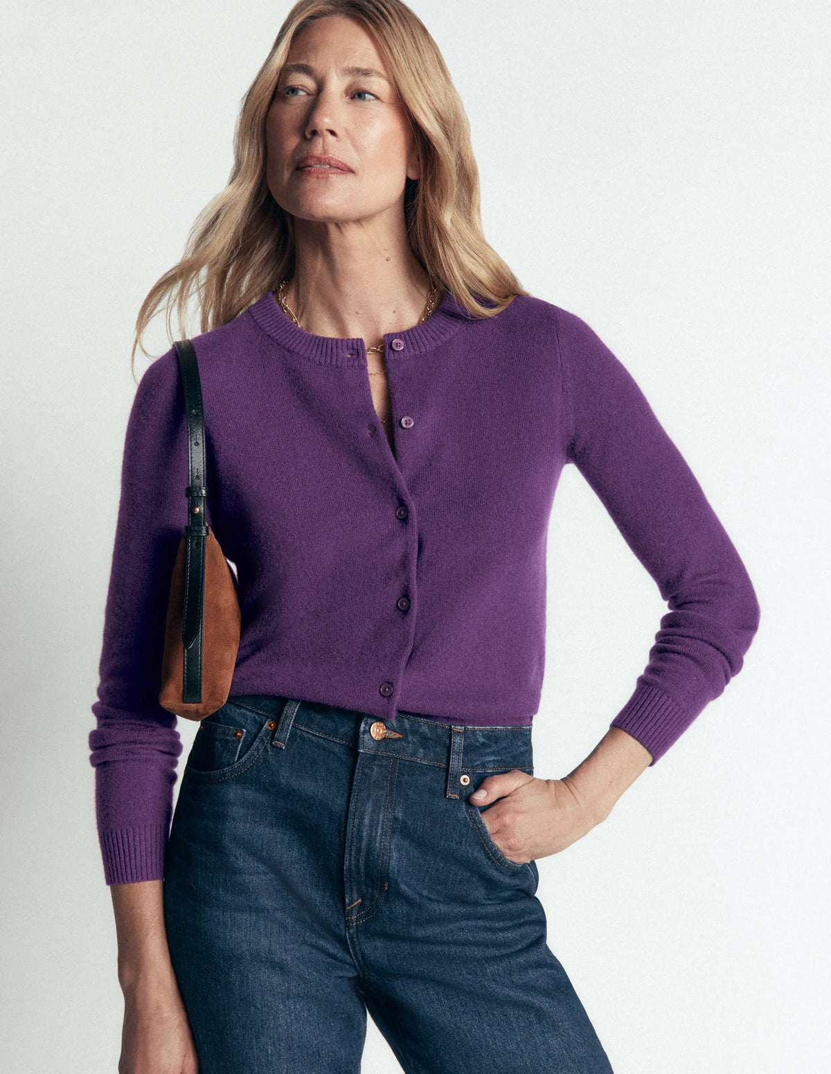 Elsie Cashmere Crew Cardigan-Deep Grape