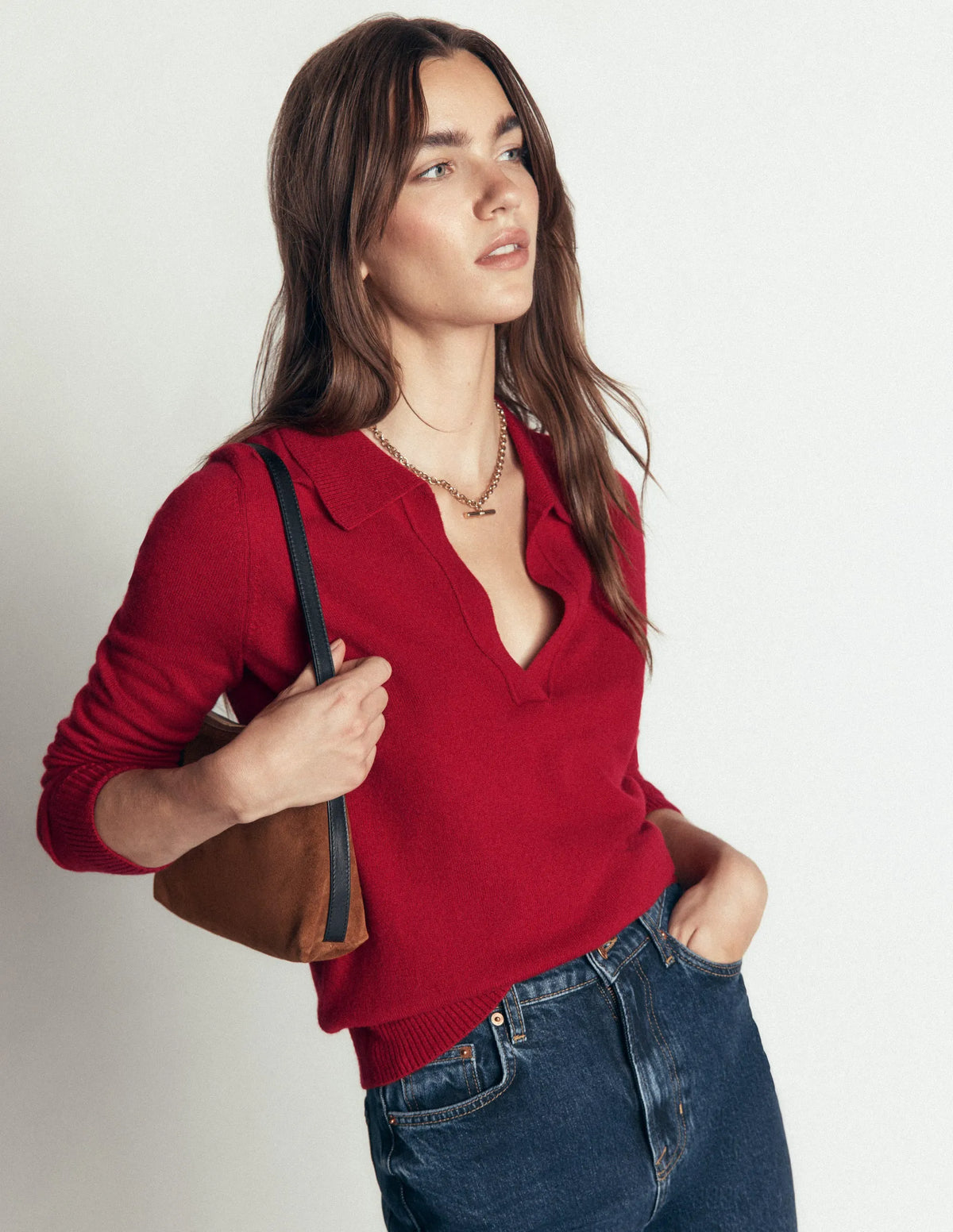 Elsie Cashmere Henley Sweater-Crimson Red