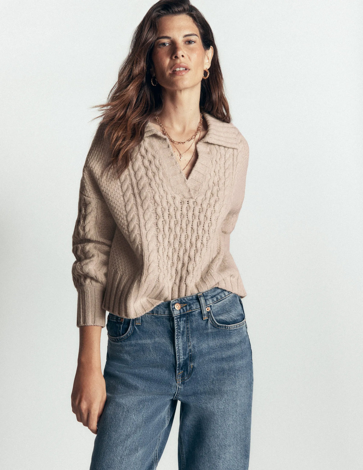 Collared Cable Knit Sweater-Oatmeal