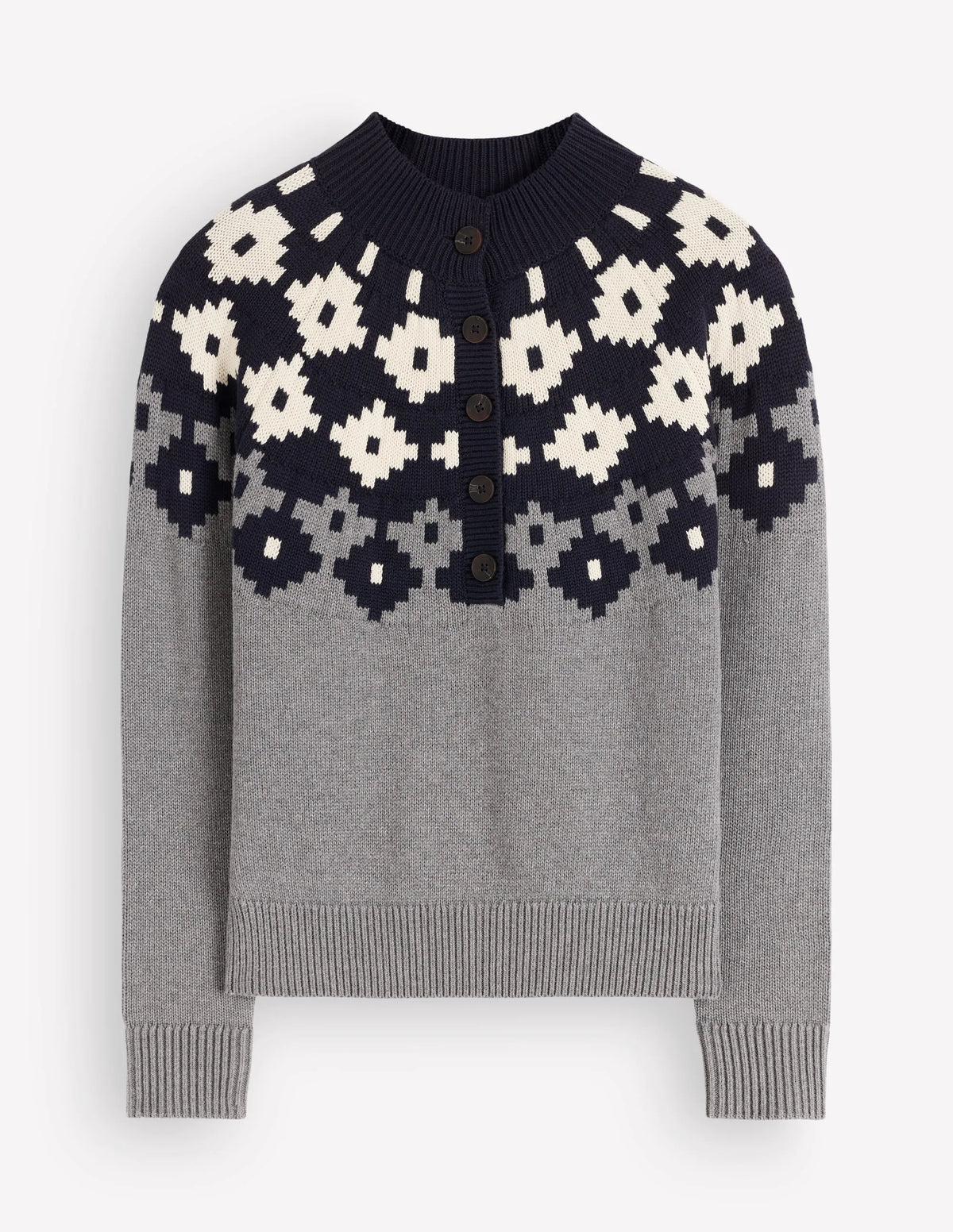 Lara Cotton Button Neck Jumper-Grey Marl, Fair Isle