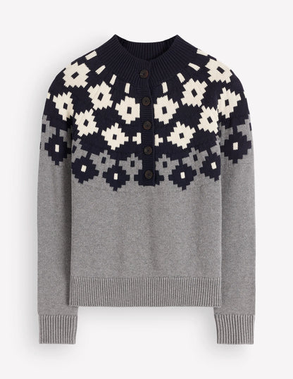 Lara Cotton Button Neck Jumper-Grey Marl, Fair Isle