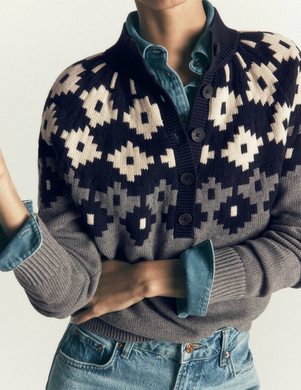 Lara Cotton Button Neck Jumper-Grey Marl, Fair Isle
