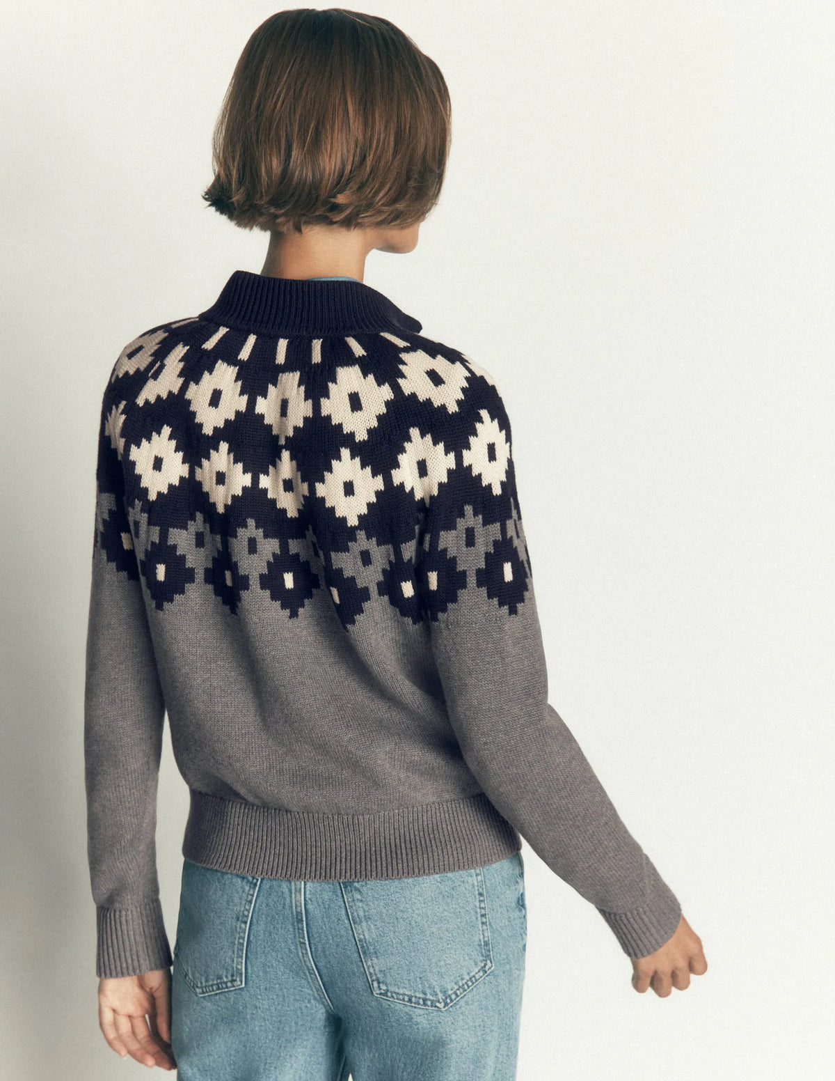 Lara Cotton Button Neck Jumper-Grey Marl, Fair Isle