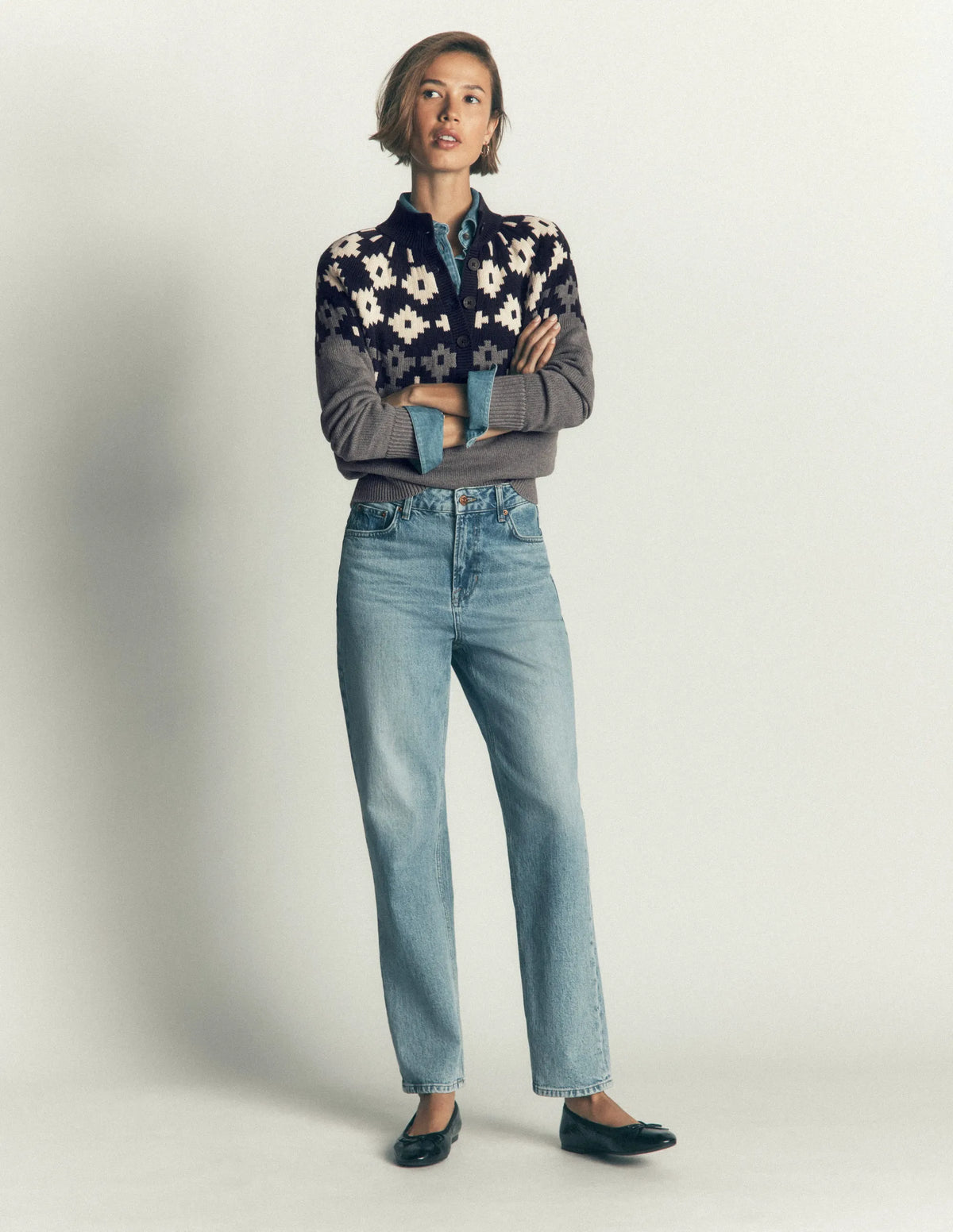 Lara Cotton Button Neck Jumper-Grey Marl, Fair Isle