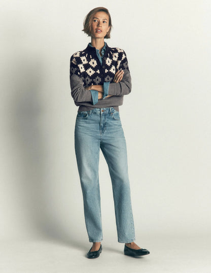 Lara Cotton Button Neck Jumper-Grey Marl, Fair Isle