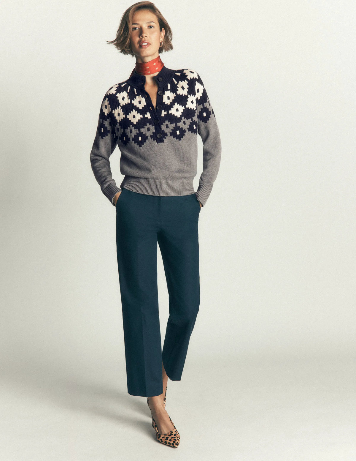 Lara Cotton Button Neck Jumper-Grey Marl, Fair Isle