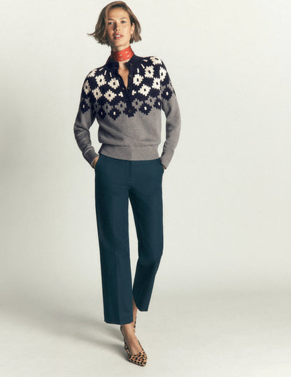 Lara Cotton Button Neck Jumper-Grey Marl, Fair Isle