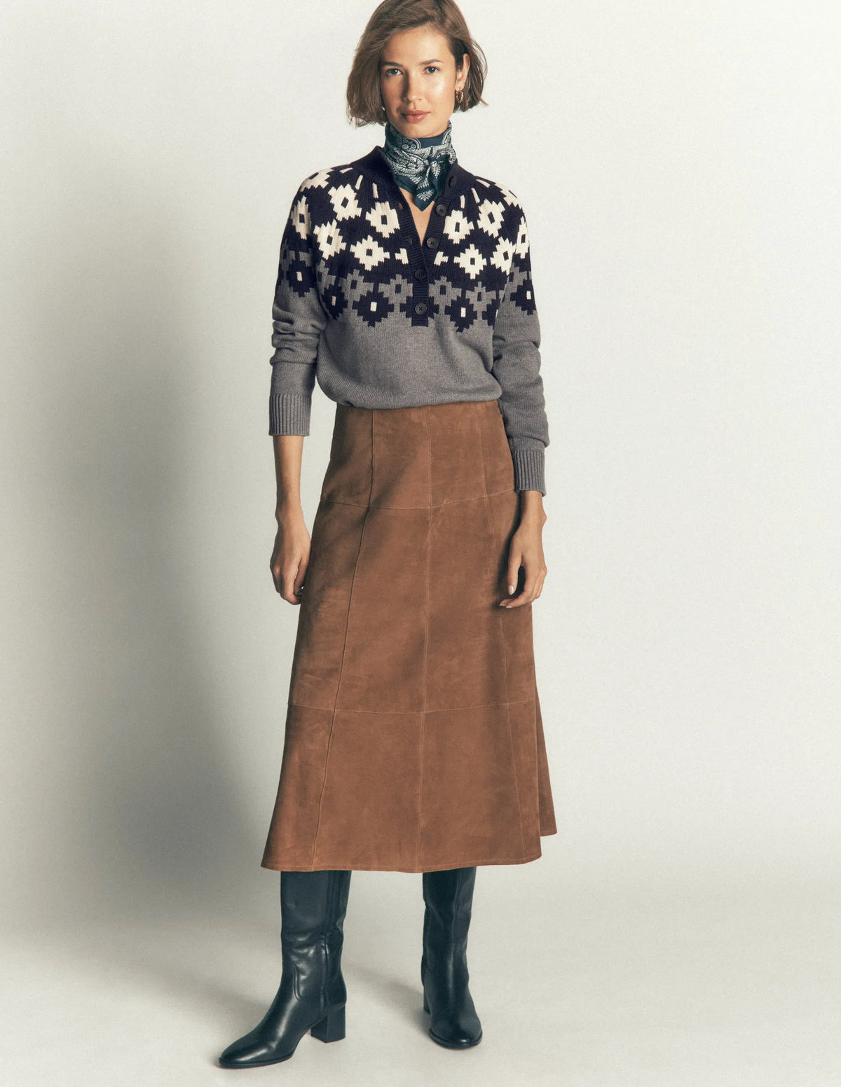 Lara Cotton Button Neck Jumper-Grey Marl, Fair Isle