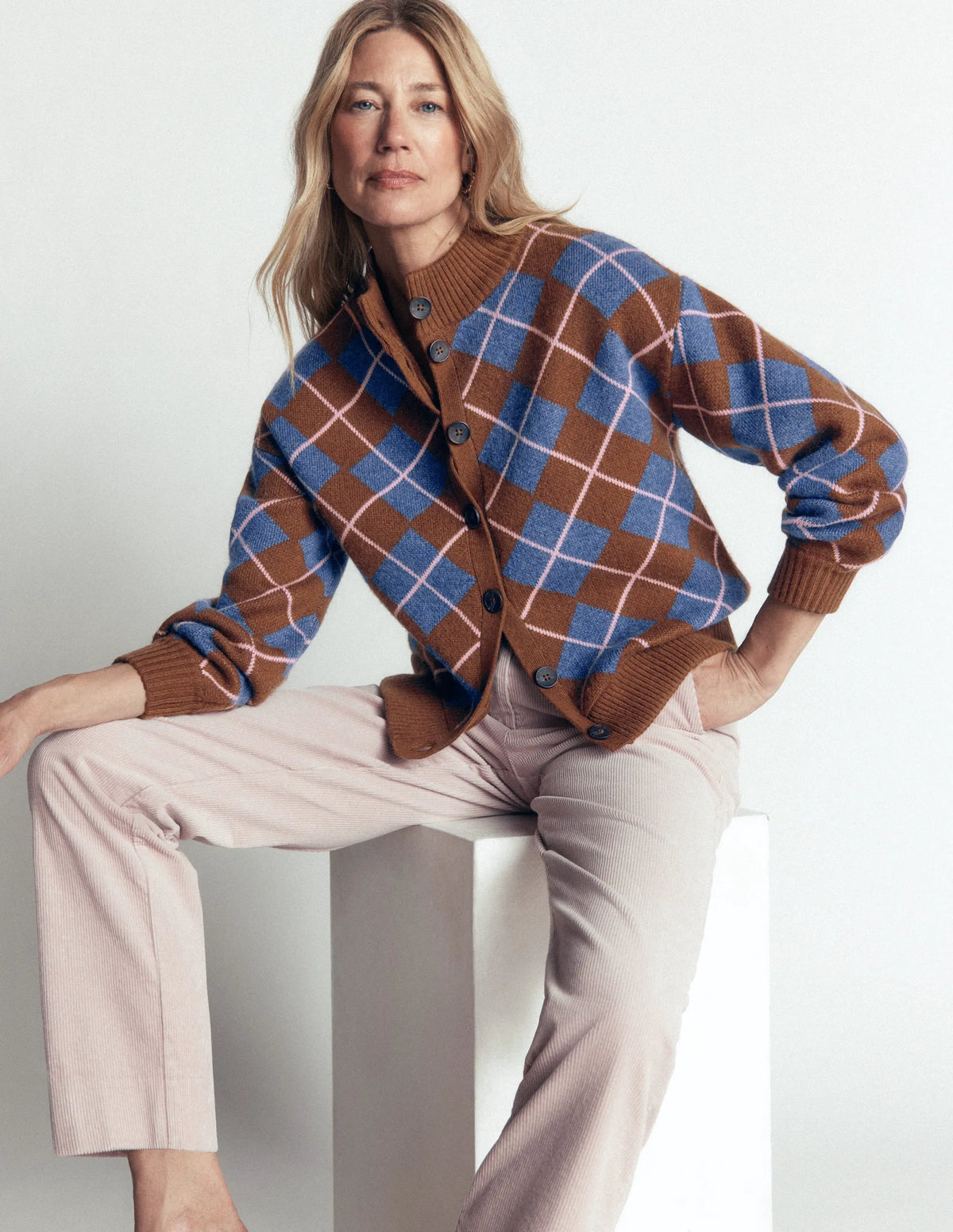 Jemma Jacquard Knit Cardigan-Raw Umber, Argyle