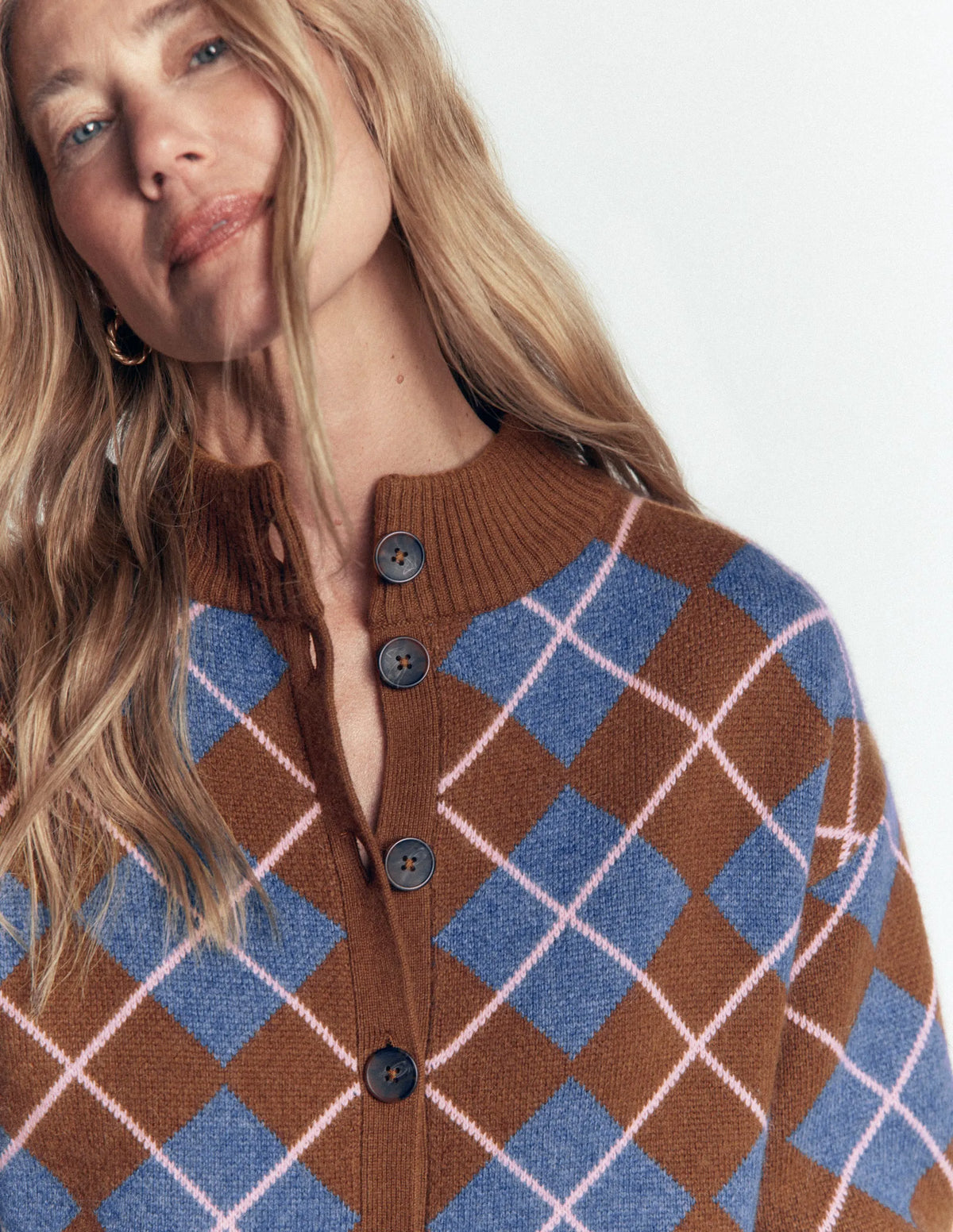 Jemma Jacquard Knit Cardigan-Raw Umber, Argyle
