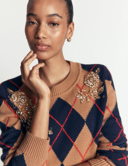 Embellished Jacquard Sweater-Camel Melange Argyle