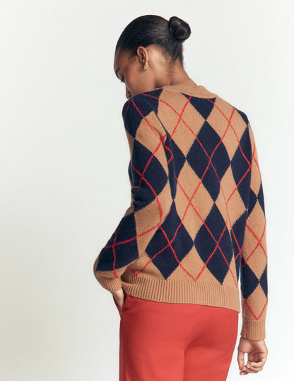 Embellished Jacquard Sweater-Camel Melange Argyle