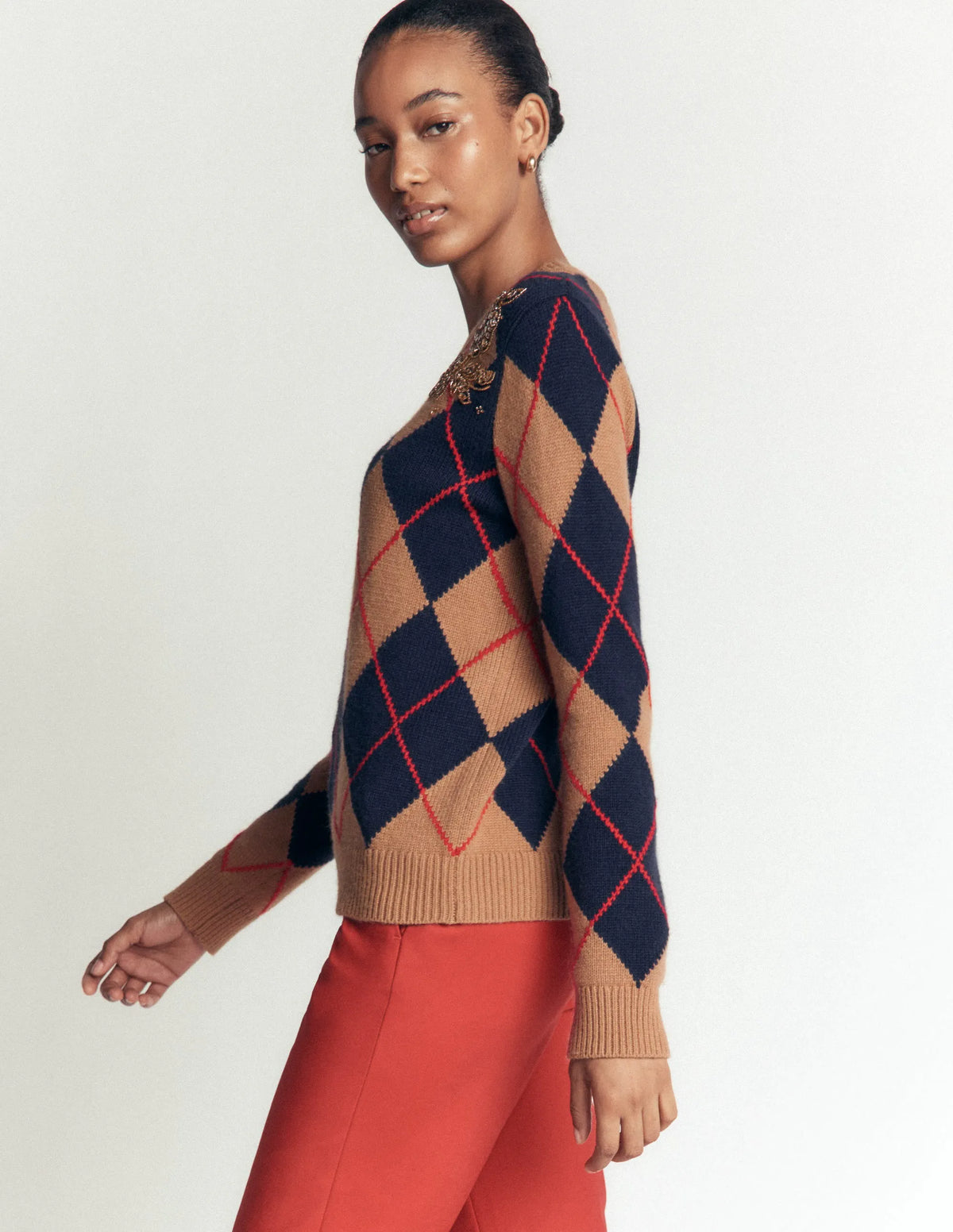 Embellished Jacquard Sweater-Camel Melange Argyle