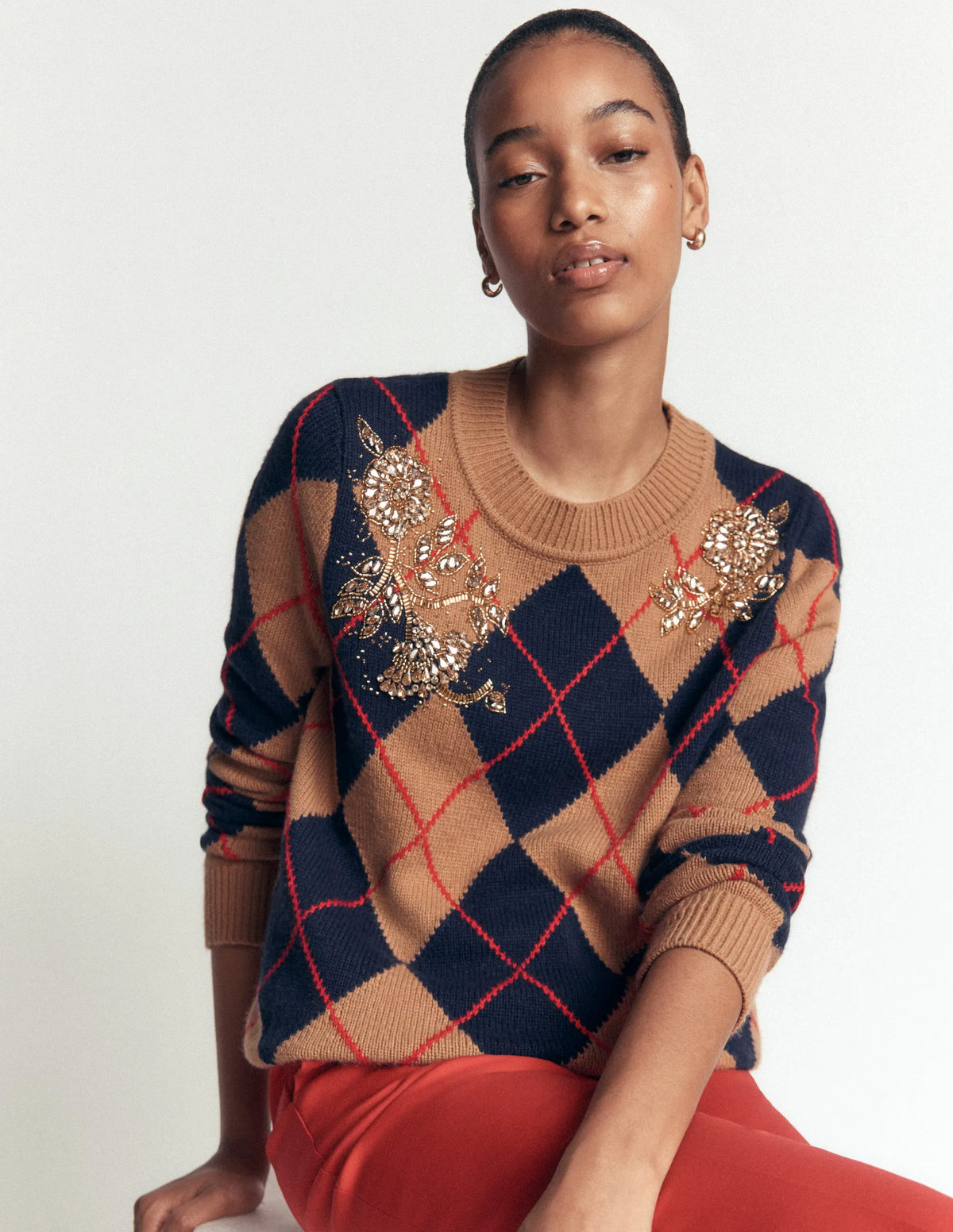 Embellished Jacquard Sweater-Camel Melange Argyle