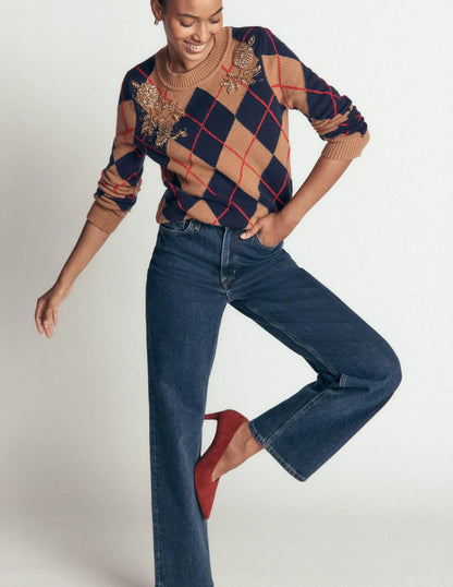 Embellished Jacquard Sweater-Camel Melange Argyle
