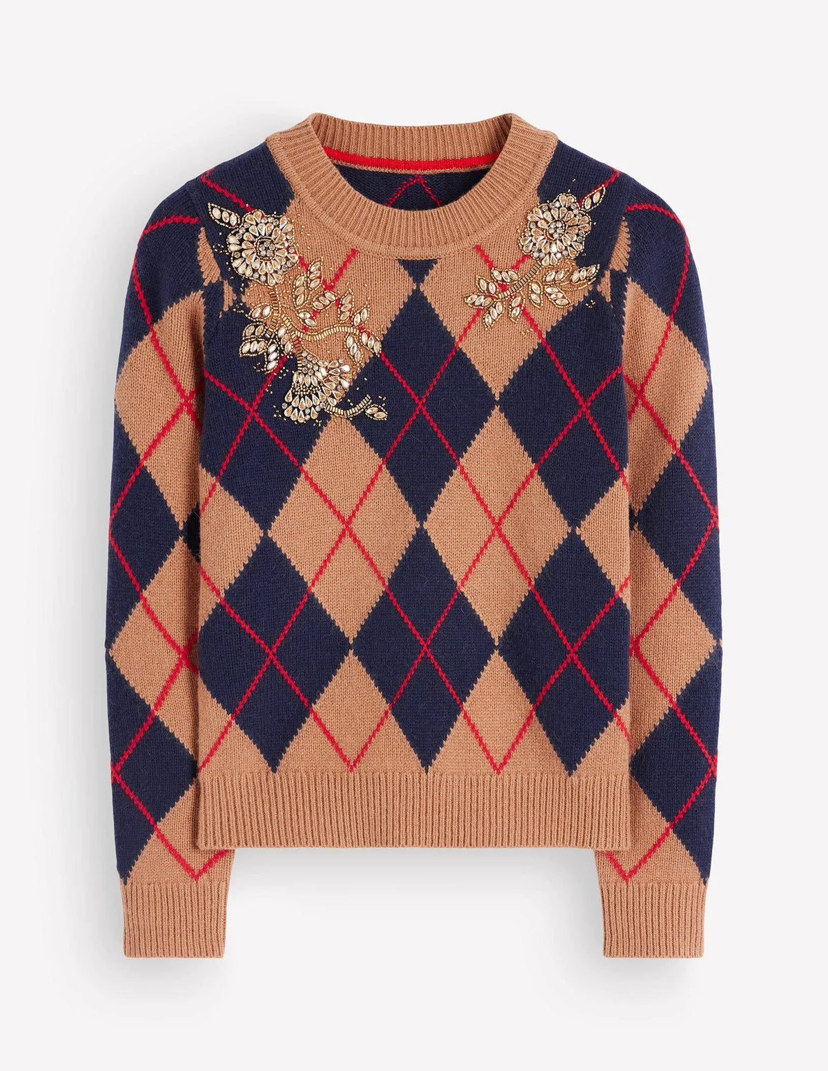 Embellished Jacquard Sweater-Camel Melange Argyle