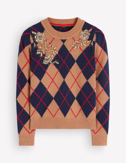 Embellished Jacquard Sweater-Camel Melange Argyle