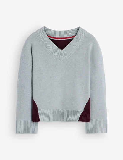 Marta Merino V Neck Jumper-Seamist Blue Colour Block