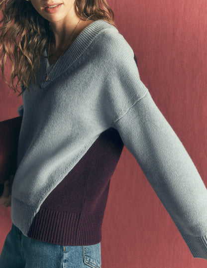 Marta Merino V Neck Jumper-Seamist Blue Colour Block