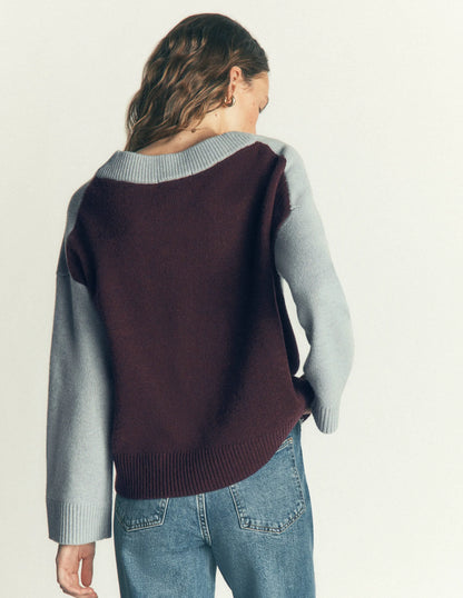 Marta Merino V Neck Jumper-Seamist Blue Colour Block
