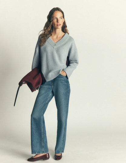 Marta Merino V Neck Jumper-Seamist Blue Colour Block