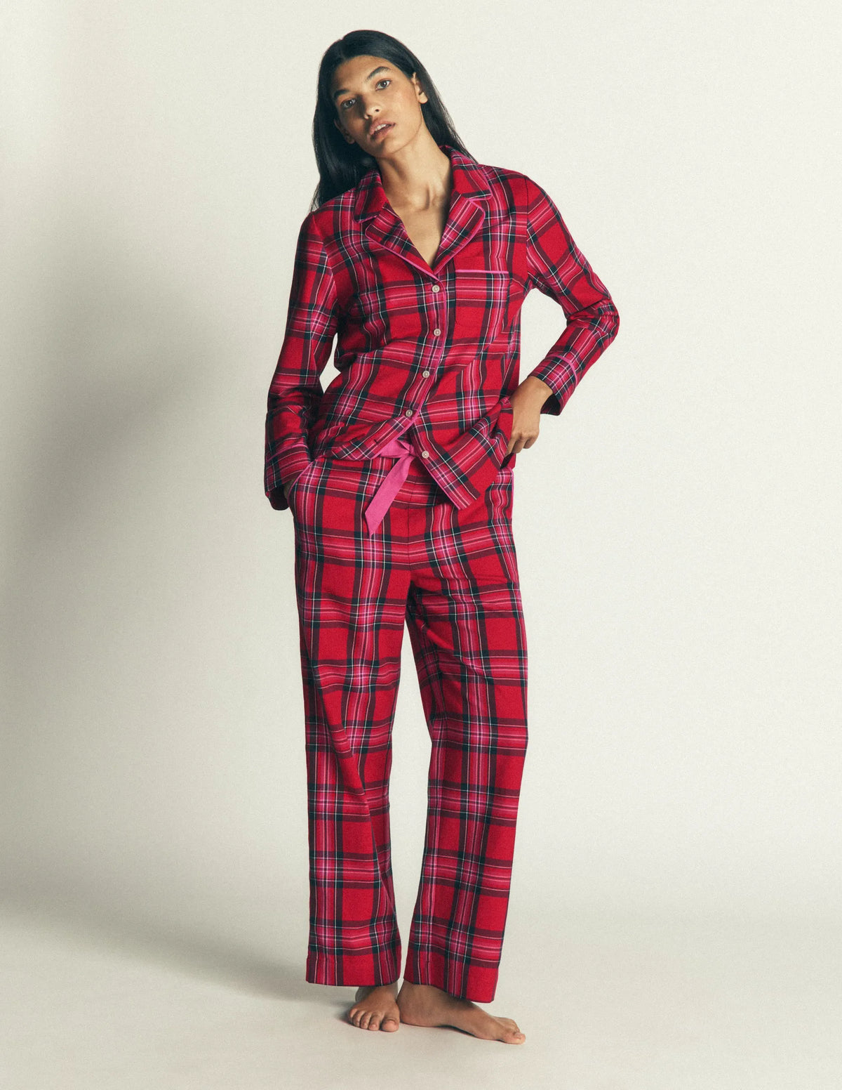 Brushed Cotton Pyjama Shirt-Red Check