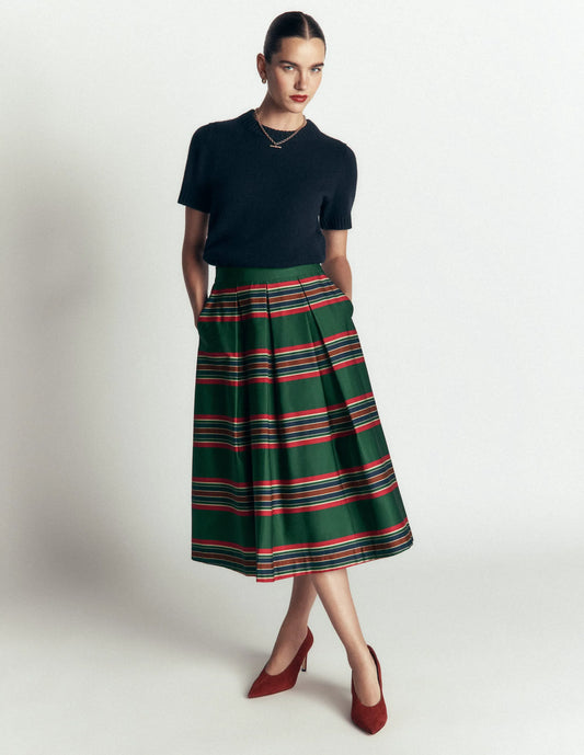 Verity Cotton Sateen Skirt-Green, Collegic Stripe