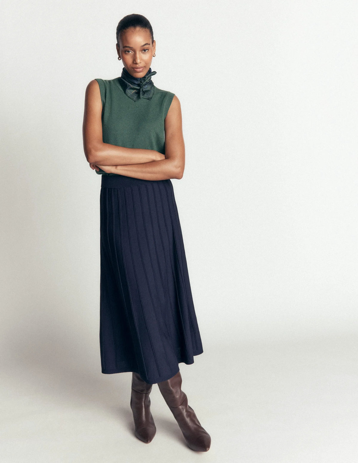 Ottoman Knitted Midi Skirt-Navy