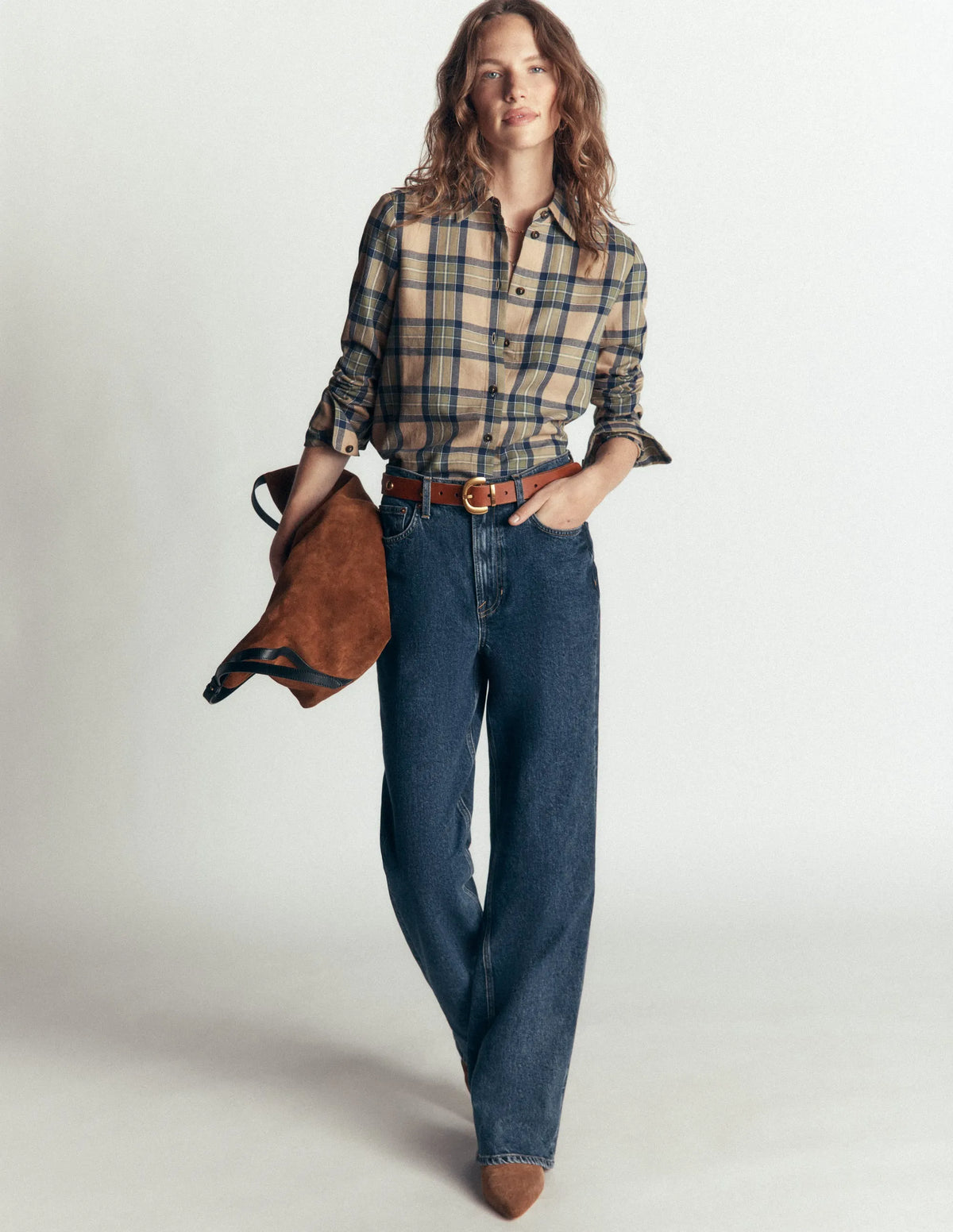 The New Sienna Cotton Shirt-Camel, Navy, Green Check