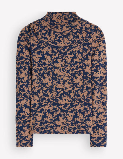Tia Ruched High Neck Top-Cappuccino, Sprayed Leaf