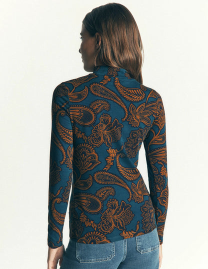 High Neck Jersey Top-Legion Blue, Paisley Bouquet