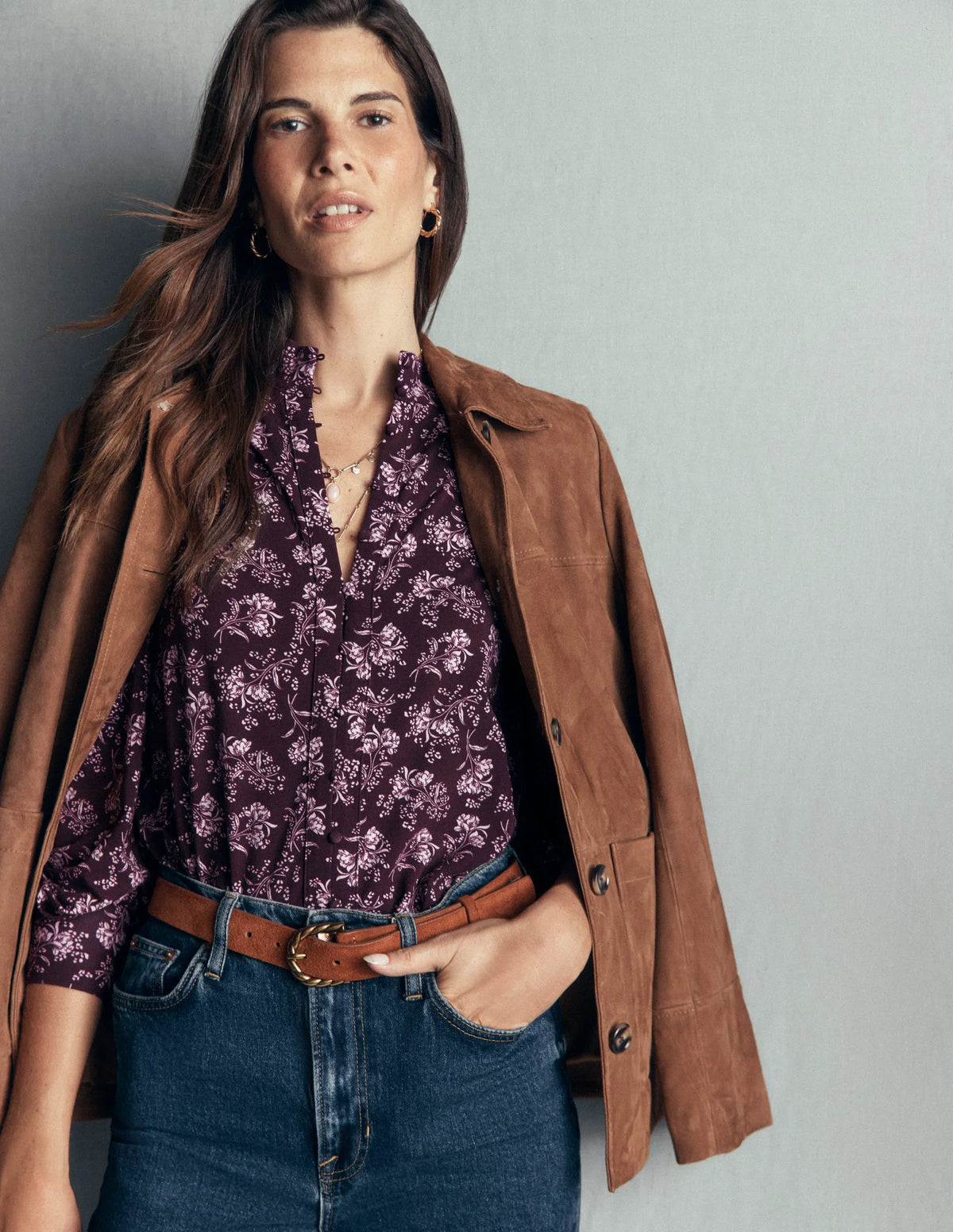 Isla Funnel Neck Button Blouse-Fudge, Enchanted Sprigs