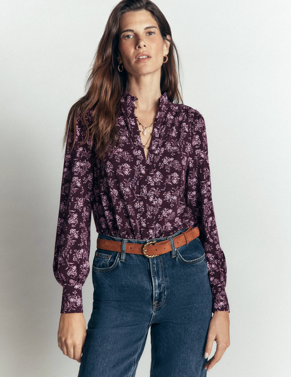 Isla Funnel Neck Button Blouse-Fudge, Enchanted Sprigs
