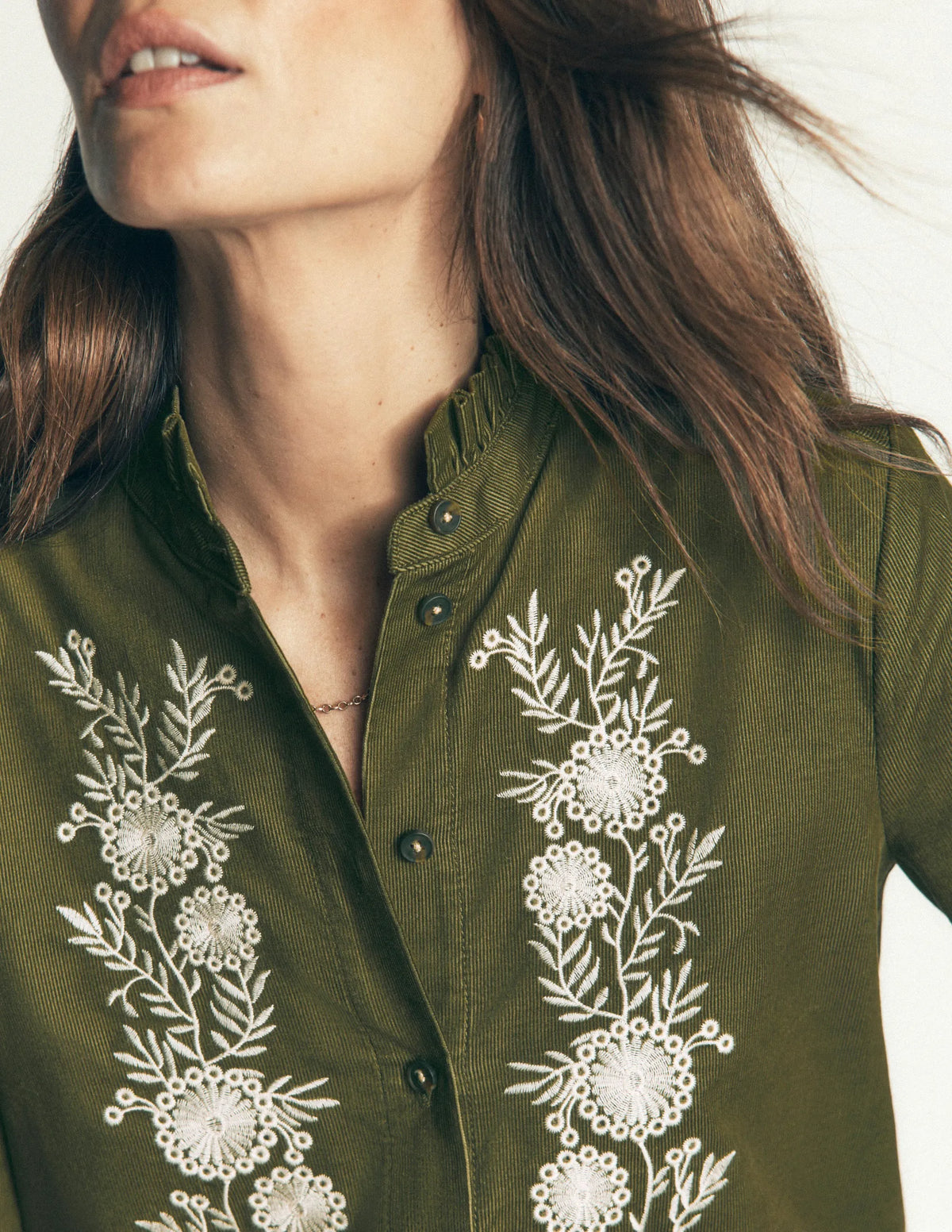 Sienna Frill Cord Shirt-Woodland Green, Embroidered