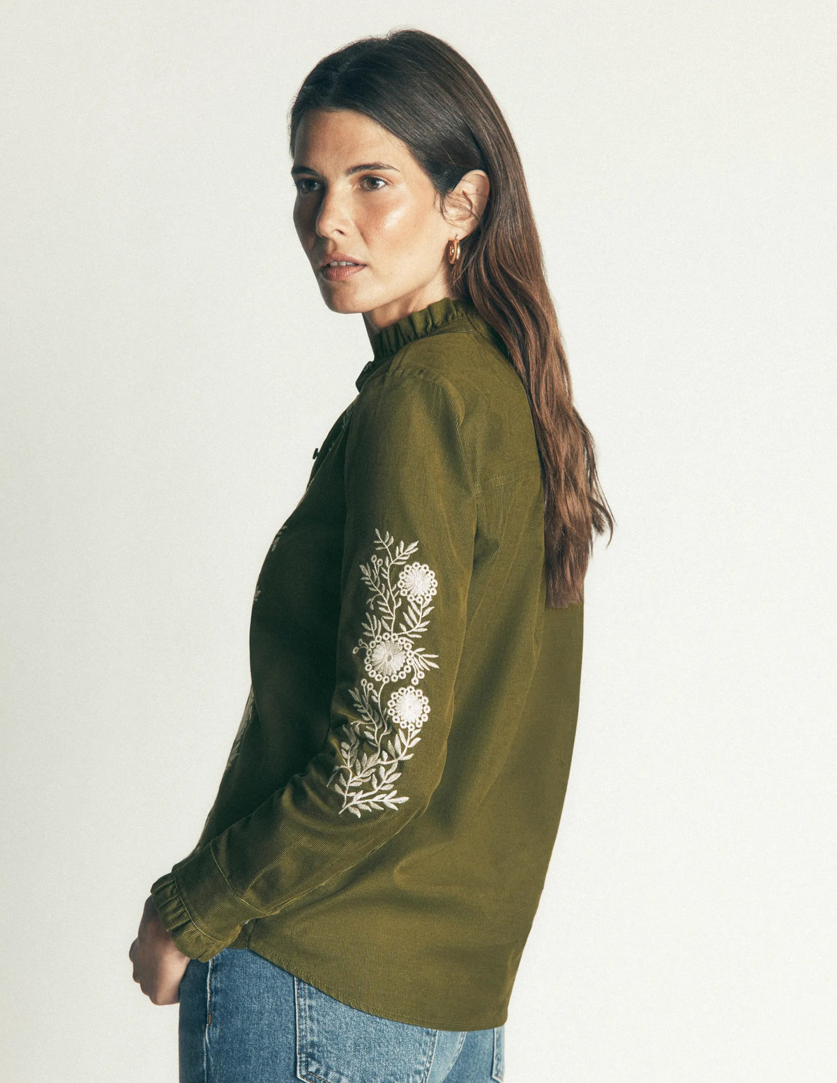 Sienna Frill Cord Shirt-Woodland Green, Embroidered