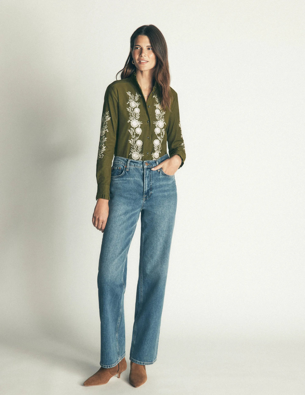 Sienna Frill Cord Shirt-Woodland Green, Embroidered