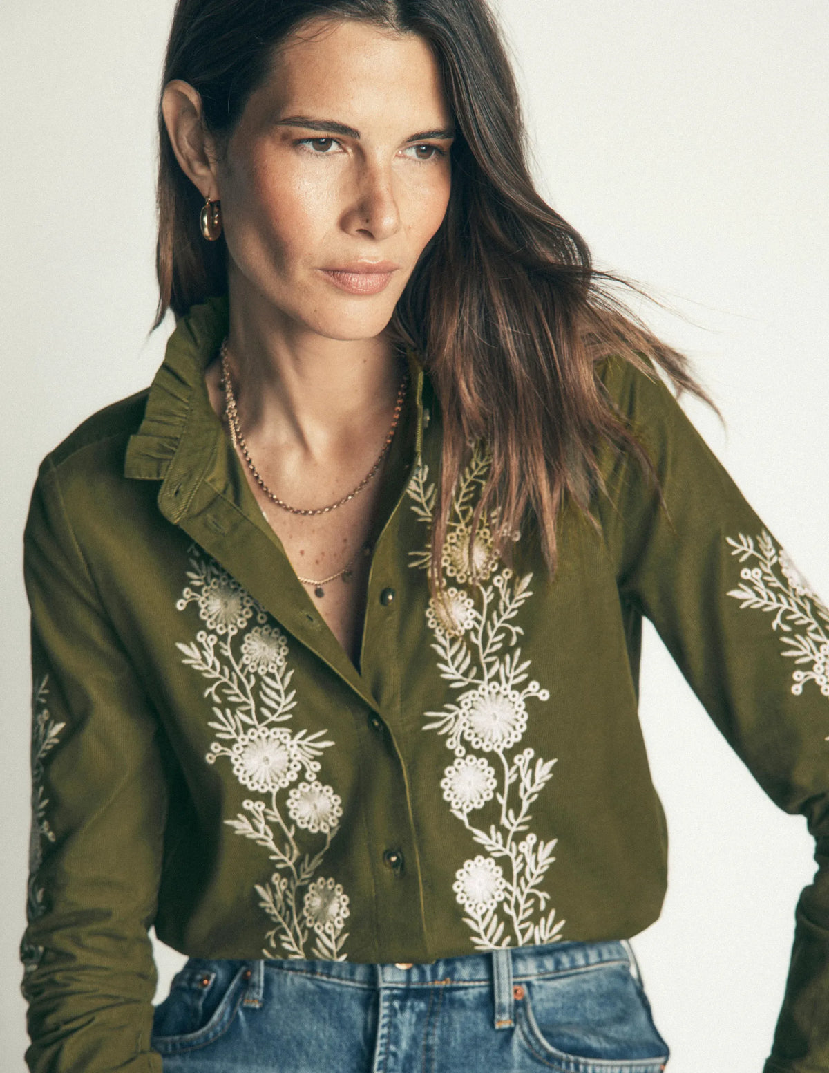 Sienna Frill Cord Shirt-Woodland Green, Embroidered