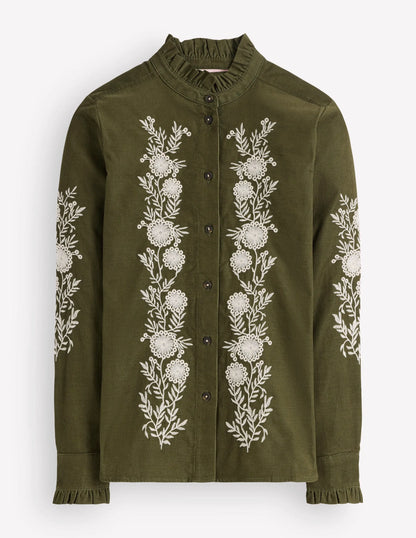 Sienna Frill Cord Shirt-Woodland Green, Embroidered