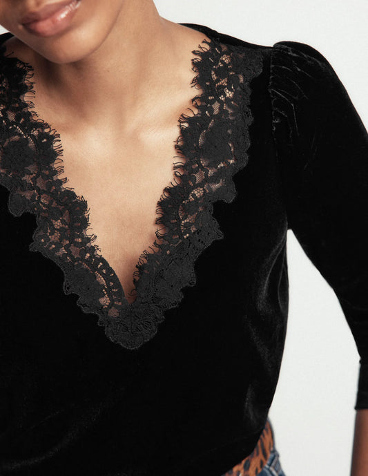 Lace Trim V-Neck Velvet Top-Black