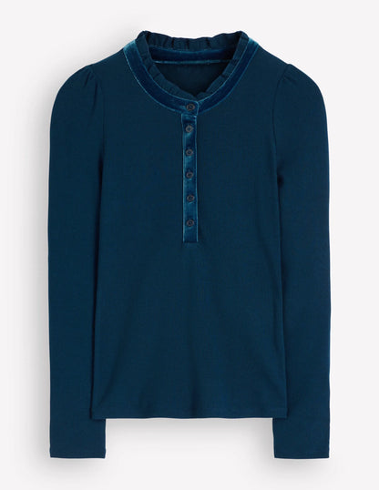 Velvet Ruffle Trim Henley Top-Sailor Blue
