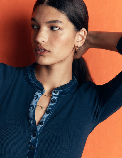 Velvet Ruffle Trim Henley Top-Sailor Blue