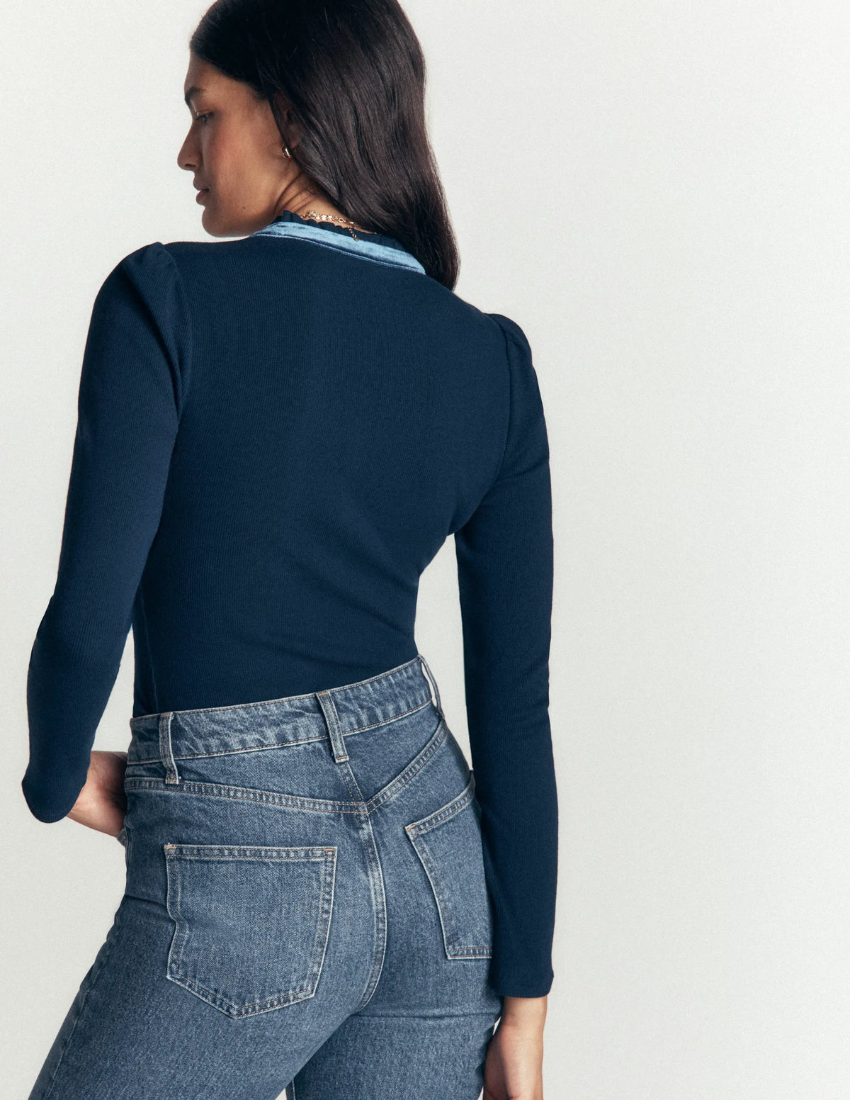 Velvet Ruffle Trim Henley Top-Sailor Blue