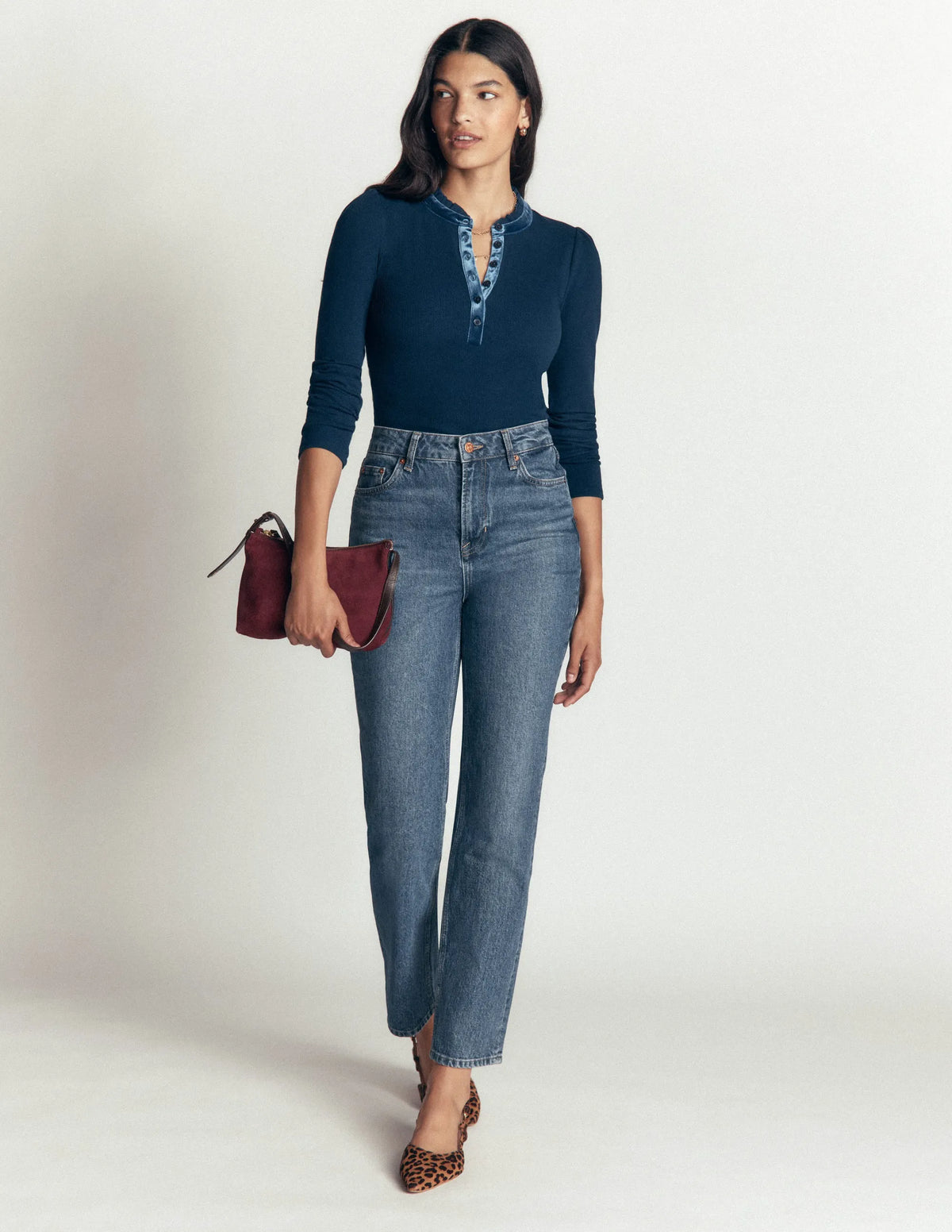 Velvet Ruffle Trim Henley Top-Sailor Blue