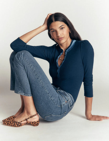 Velvet Ruffle Trim Henley Top-Sailor Blue
