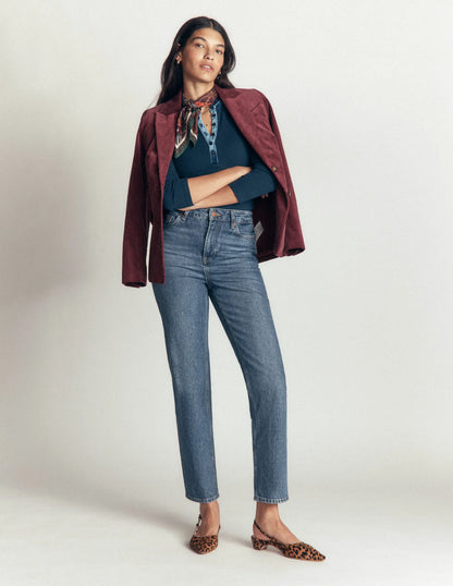 Velvet Ruffle Trim Henley Top-Sailor Blue